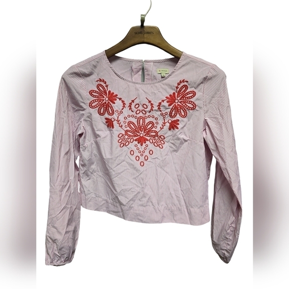 Daniel Cremieux Tops - Cremieux Crop Top Pink Pinstripes Floral Pink Embroidery Keyhole Nape SZ XS